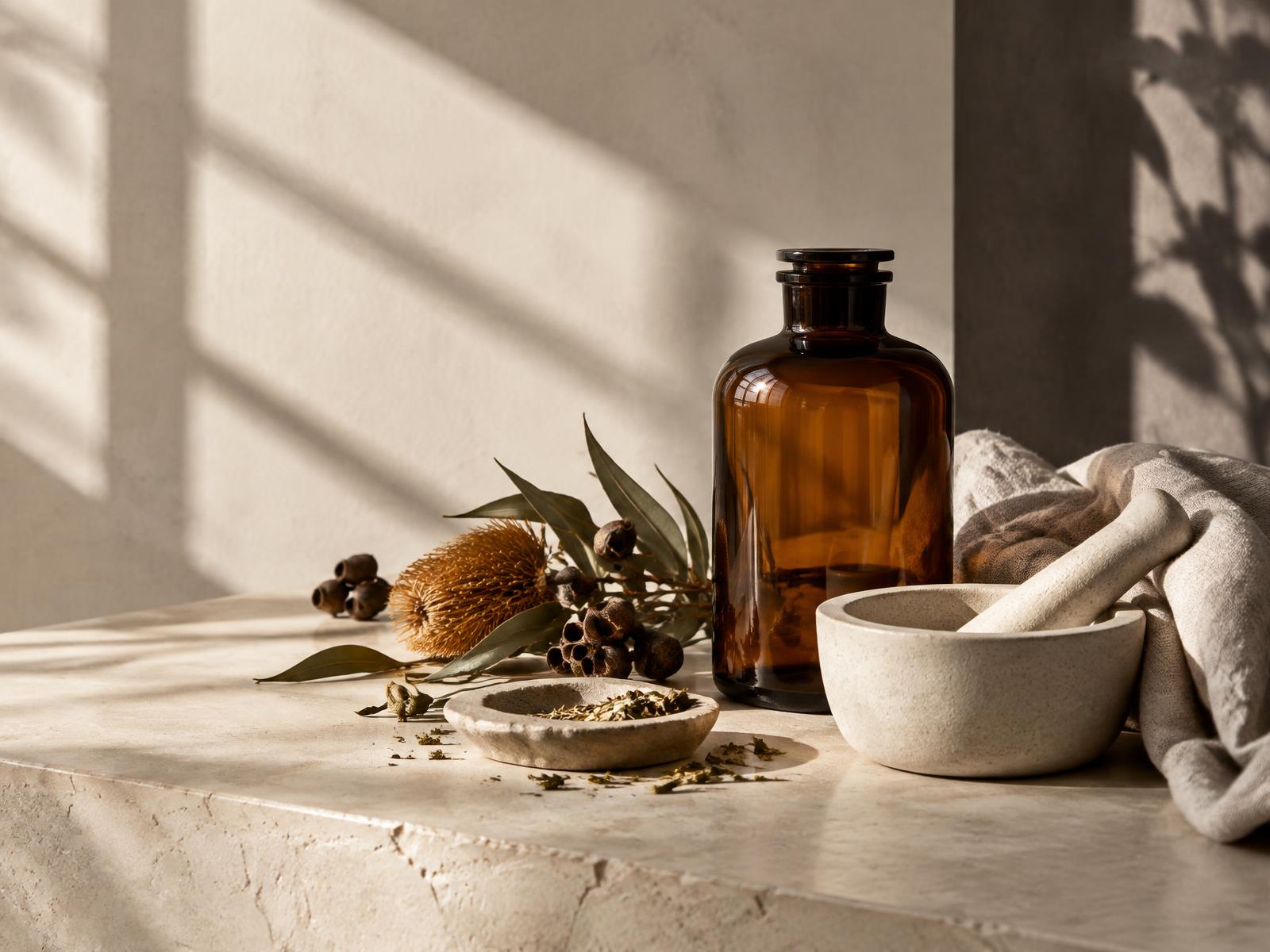 Amber apothecary glass, ceramic mortar and native botanicals in window light